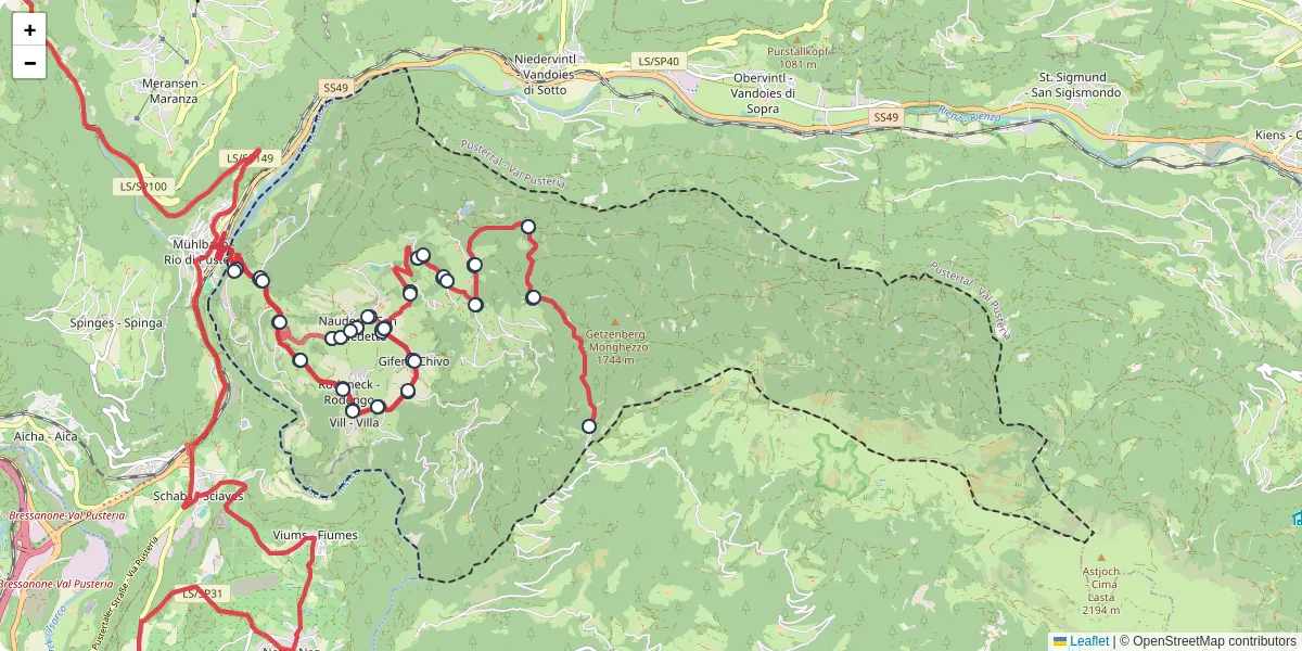 Mappa dettagliata del trasporto pubblico a Rodeneck - Rodengo con linee autobus, tram e collegamenti