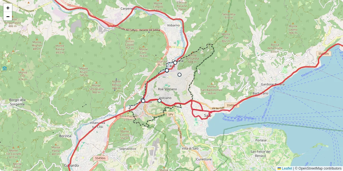 Mappa dettagliata del trasporto pubblico a Roè Volciano con linee autobus, tram e collegamenti