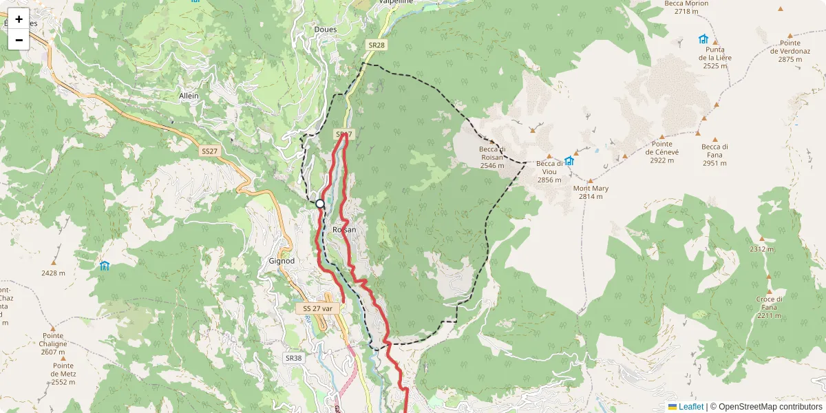 Mappa dettagliata del trasporto pubblico a Roisan con linee autobus, tram e collegamenti