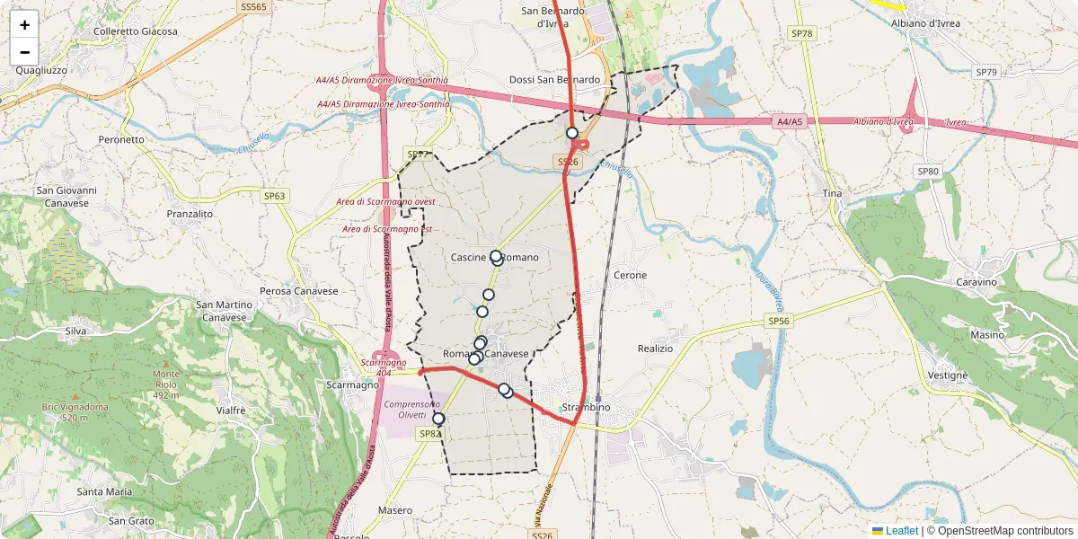 Mappa dettagliata del trasporto pubblico a Romano Canavese con linee autobus, tram e collegamenti