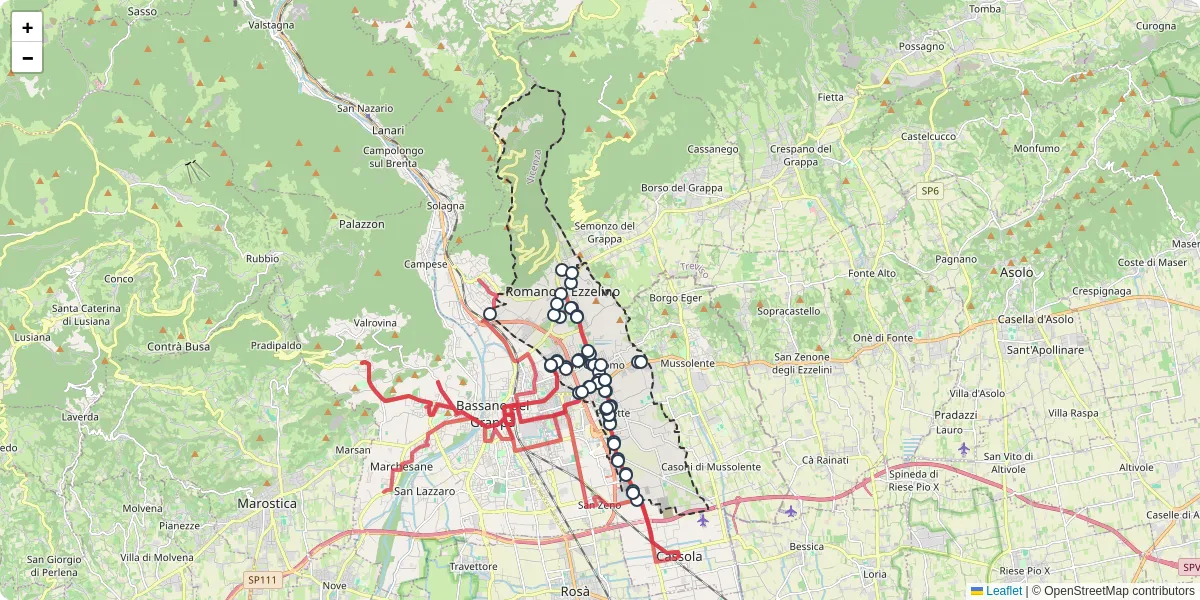 Mappa dettagliata del trasporto pubblico a Romano d'Ezzelino con linee autobus, tram e collegamenti