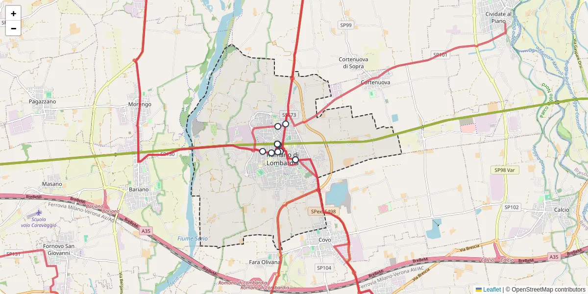 Mappa dettagliata del trasporto pubblico a Romano di Lombardia con linee autobus, tram e collegamenti