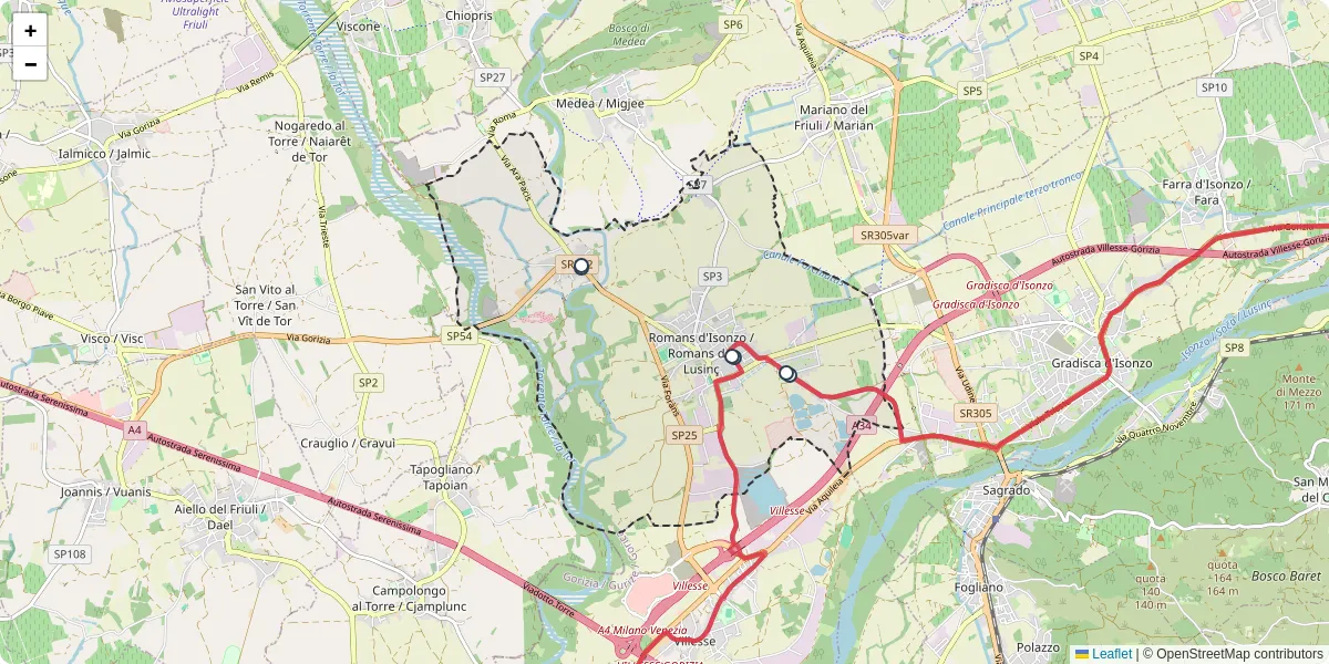 Mappa dettagliata del trasporto pubblico a Romans d'Isonzo / Romans dal Lusinç con linee autobus, tram e collegamenti