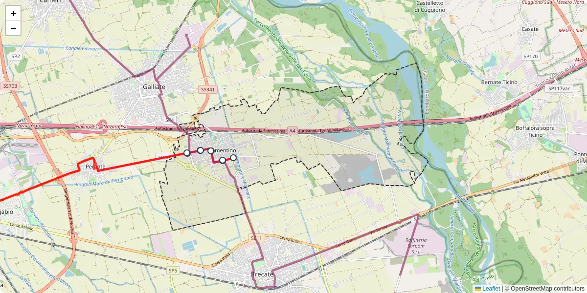 Mappa dettagliata del trasporto pubblico a Romentino con linee autobus, tram e collegamenti