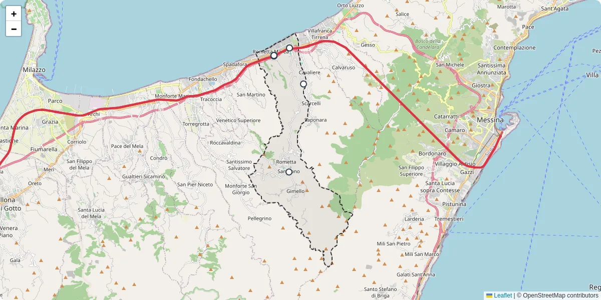 Mappa dettagliata del trasporto pubblico a Rometta con linee autobus, tram e collegamenti