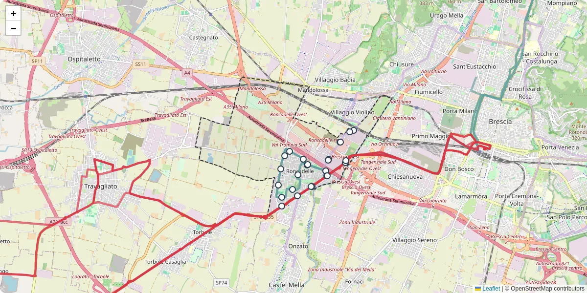 Mappa dettagliata del trasporto pubblico a Roncadelle con linee autobus, tram e collegamenti