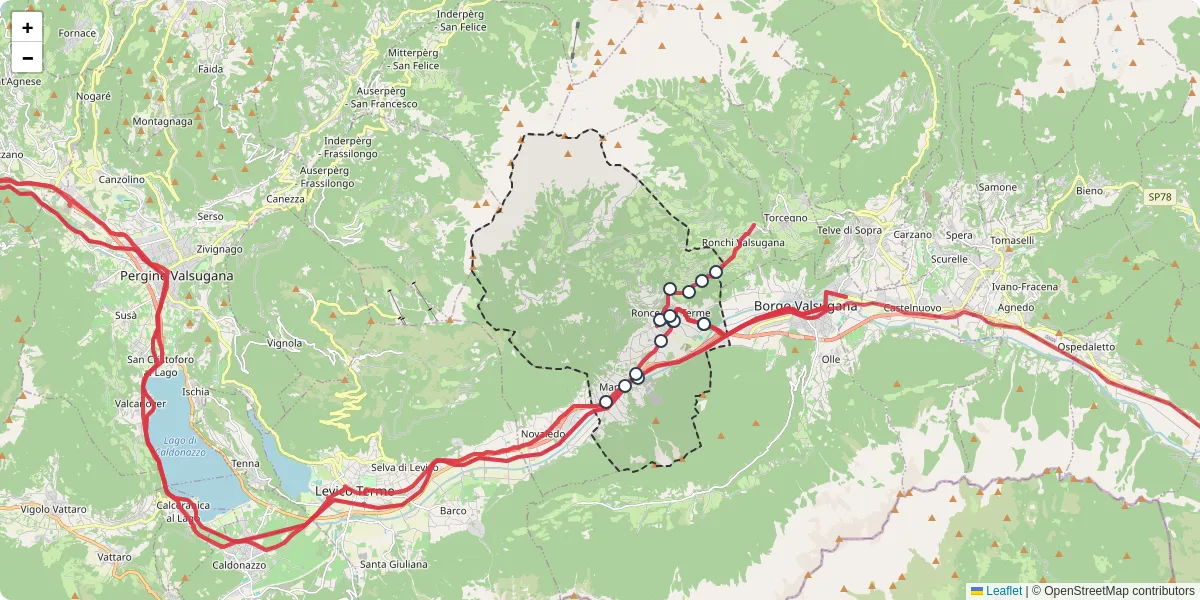 Mappa dettagliata del trasporto pubblico a Roncegno Terme con linee autobus, tram e collegamenti