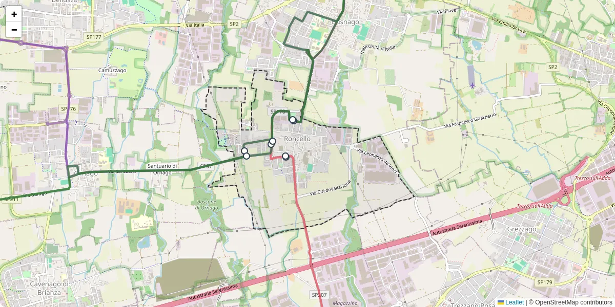 Mappa dettagliata del trasporto pubblico a Roncello con linee autobus, tram e collegamenti