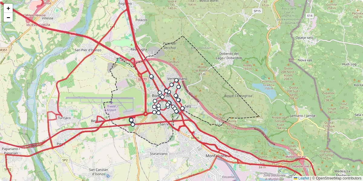 Mappa dettagliata del trasporto pubblico a Ronchi dei Legionari con linee autobus, tram e collegamenti