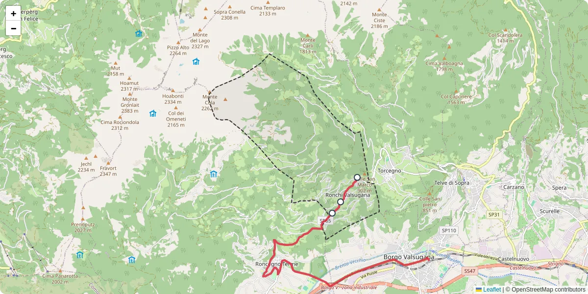 Mappa dettagliata del trasporto pubblico a Ronchi Valsugana con linee autobus, tram e collegamenti