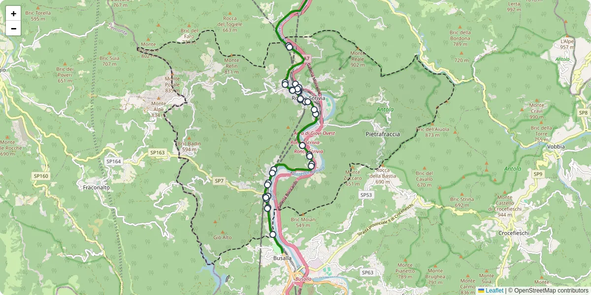 Mappa dettagliata del trasporto pubblico a Ronco Scrivia con linee autobus, tram e collegamenti