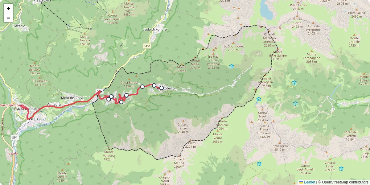 Mappa dettagliata del trasporto pubblico a Roncobello con linee autobus, tram e collegamenti