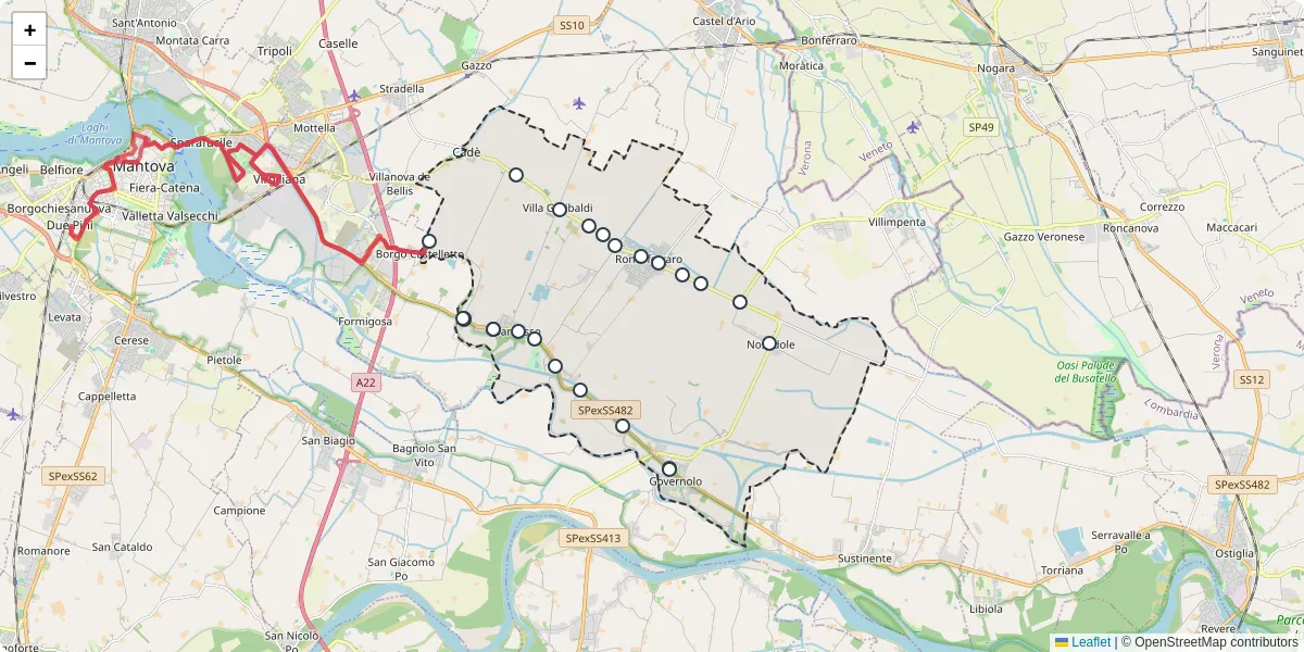 Mappa dettagliata del trasporto pubblico a Roncoferraro con linee autobus, tram e collegamenti