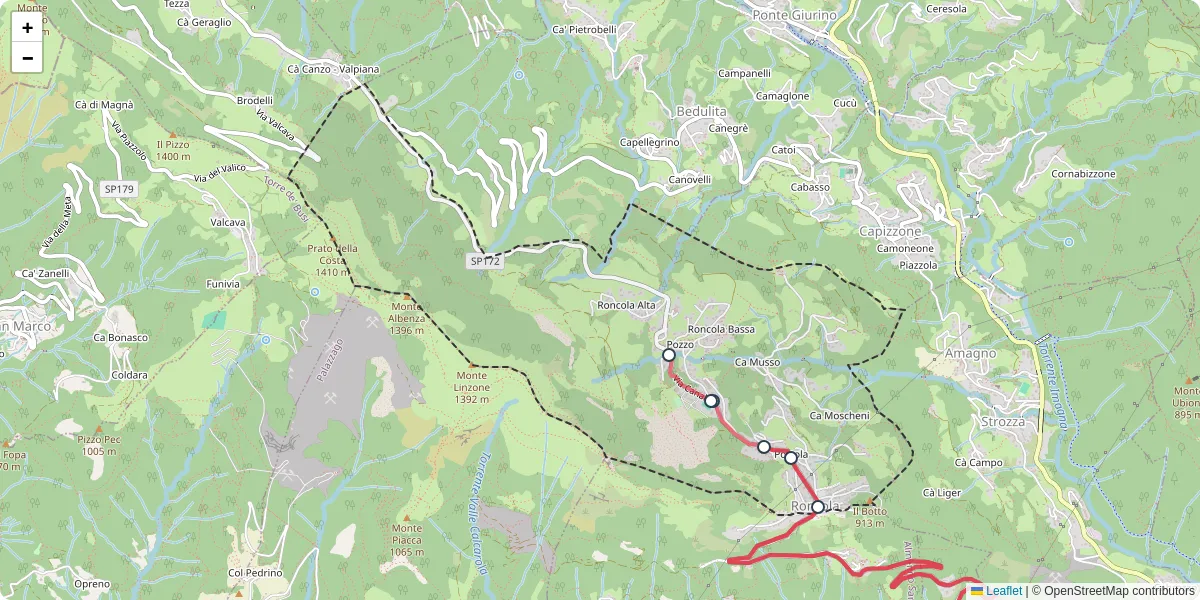 Mappa dettagliata del trasporto pubblico a Roncola con linee autobus, tram e collegamenti