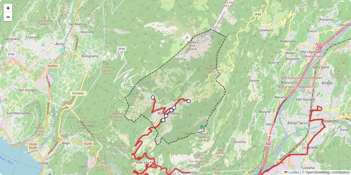 Mappa dettagliata del trasporto pubblico a Ronzo-Chienis con linee autobus, tram e collegamenti