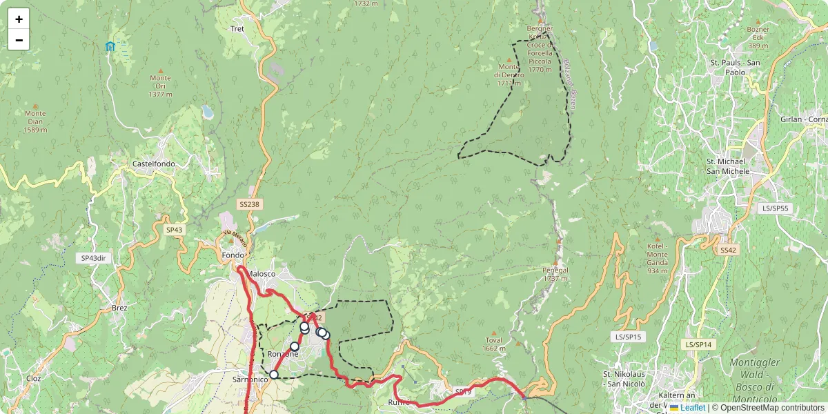 Mappa dettagliata del trasporto pubblico a Ronzone con linee autobus, tram e collegamenti