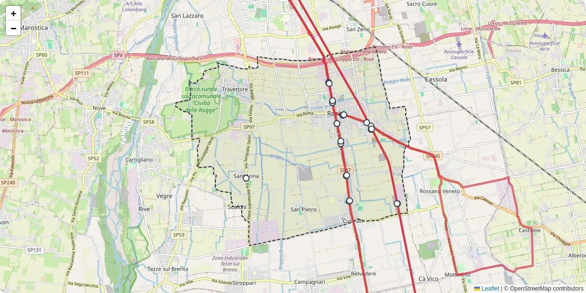 Mappa dettagliata del trasporto pubblico a Rosà con linee autobus, tram e collegamenti