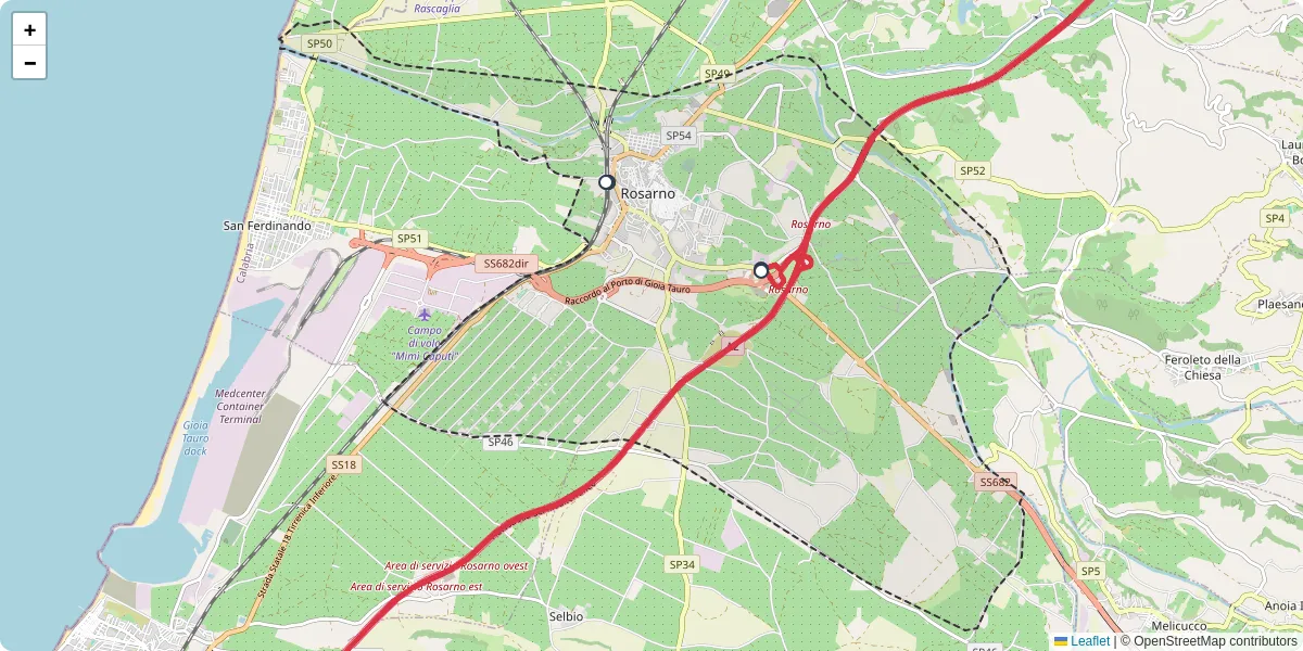 Mappa dettagliata del trasporto pubblico a Rosarno con linee autobus, tram e collegamenti