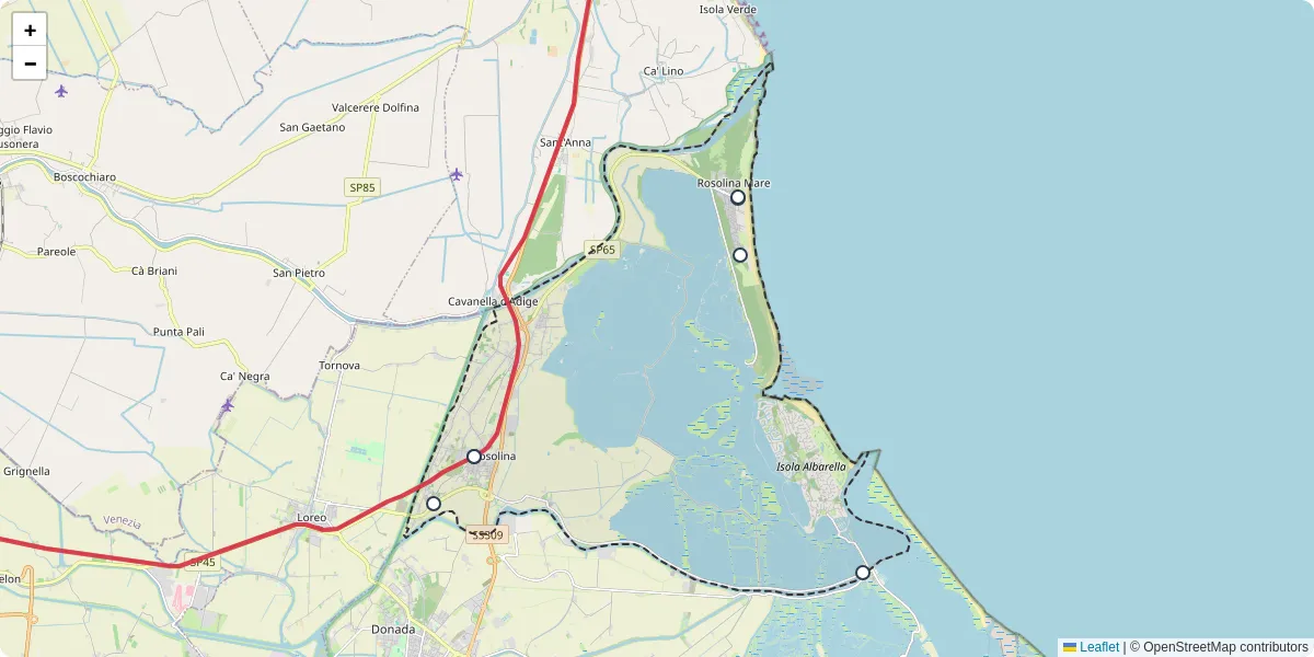 Mappa dettagliata del trasporto pubblico a Rosolina con linee autobus, tram e collegamenti