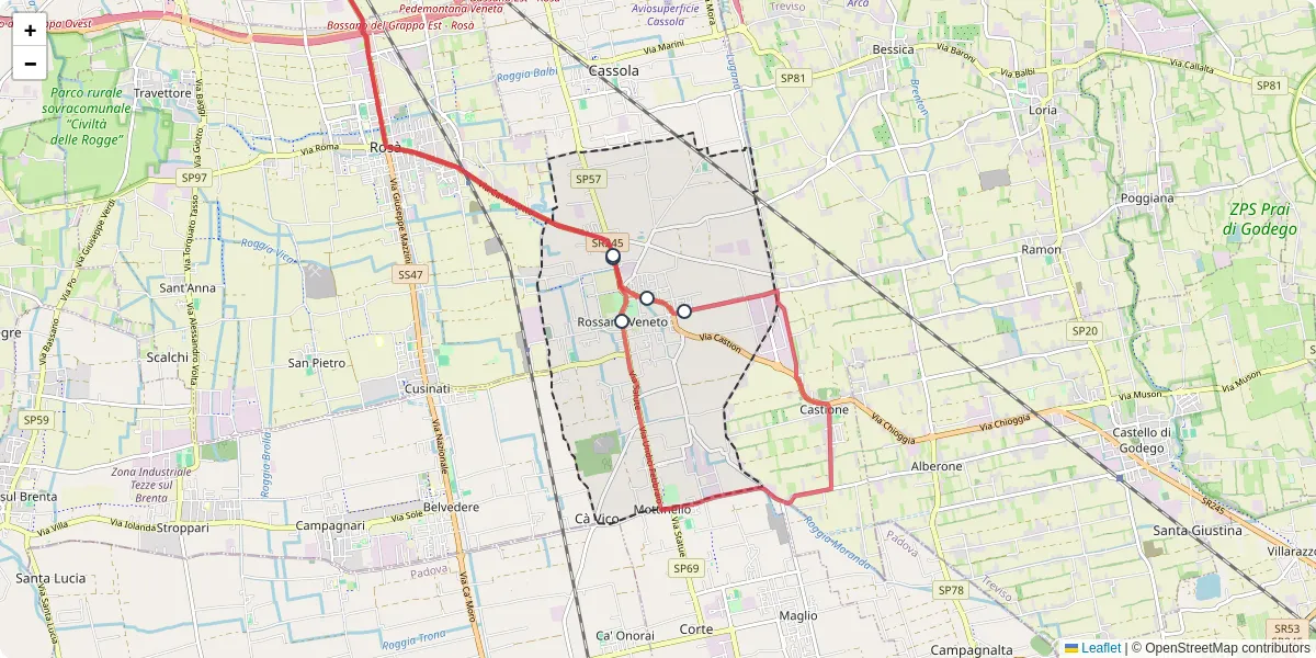 Mappa dettagliata del trasporto pubblico a Rossano Veneto con linee autobus, tram e collegamenti