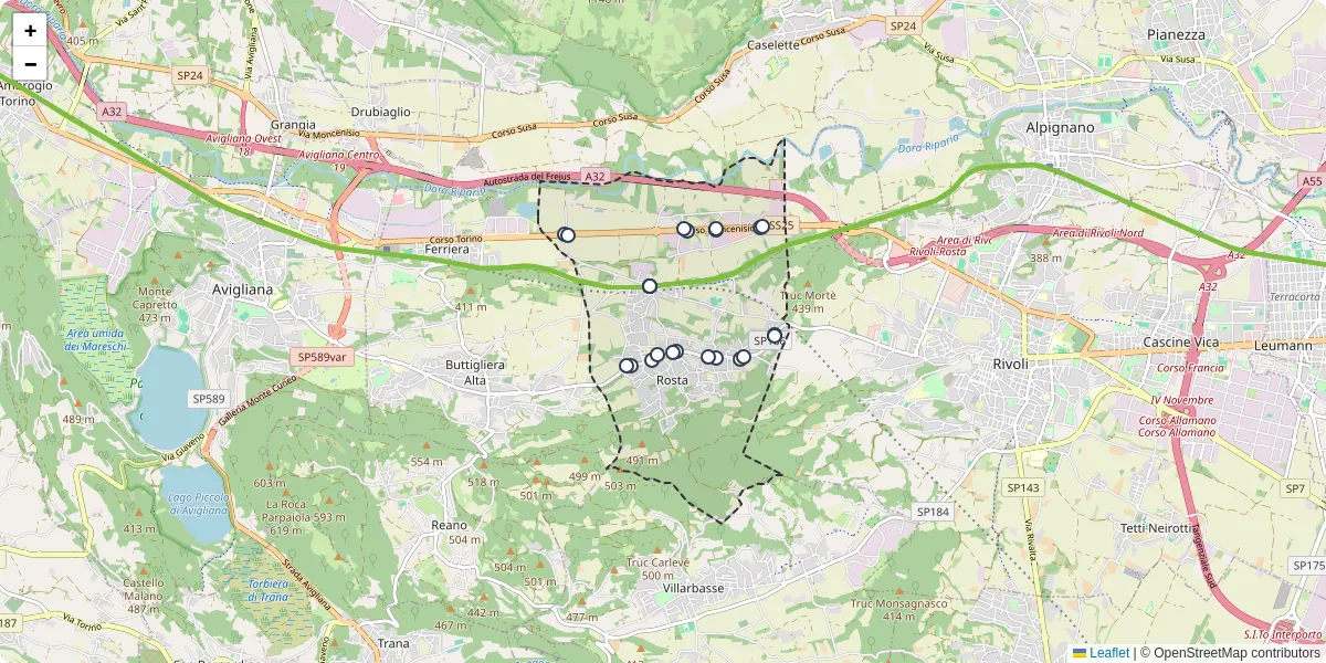 Mappa dettagliata del trasporto pubblico a Rosta con linee autobus, tram e collegamenti
