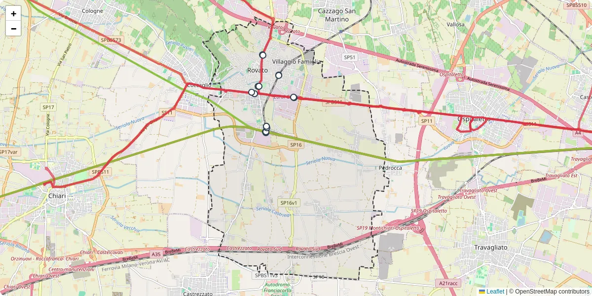 Mappa dettagliata del trasporto pubblico a Rovato con linee autobus, tram e collegamenti