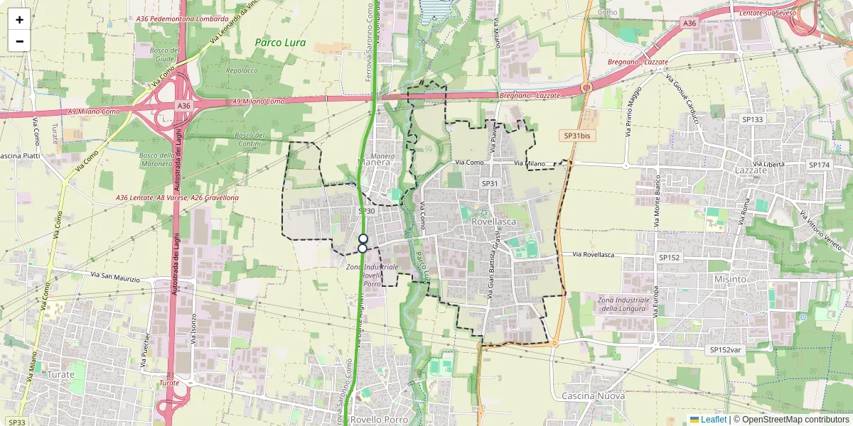 Mappa dettagliata del trasporto pubblico a Rovellasca con linee autobus, tram e collegamenti