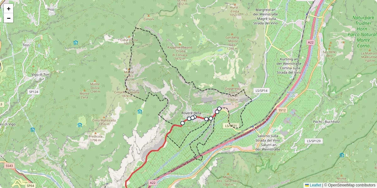 Mappa dettagliata del trasporto pubblico a Roveré della Luna con linee autobus, tram e collegamenti