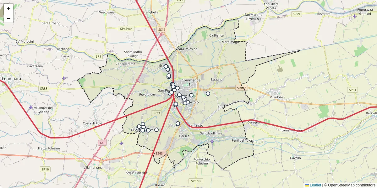 Mappa dettagliata del trasporto pubblico a Rovigo con linee autobus, tram e collegamenti