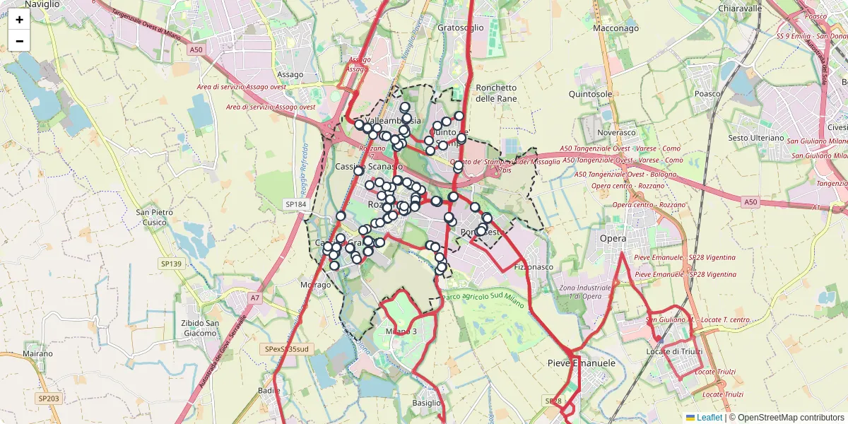 Mappa dettagliata del trasporto pubblico a Rozzano con linee autobus, tram e collegamenti