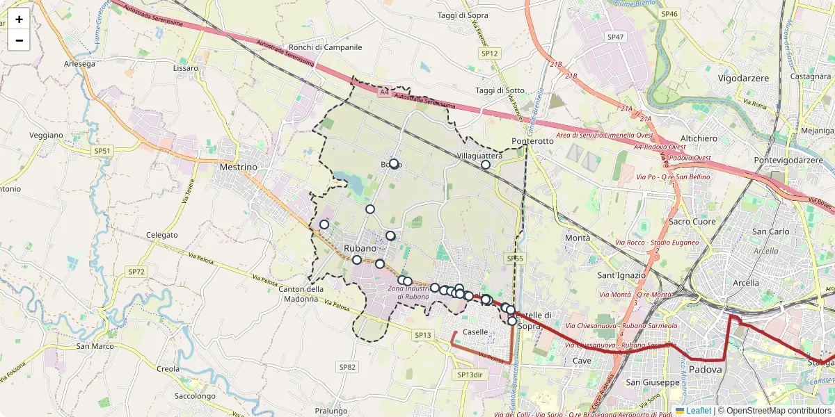 Mappa dettagliata del trasporto pubblico a Rubano con linee autobus, tram e collegamenti
