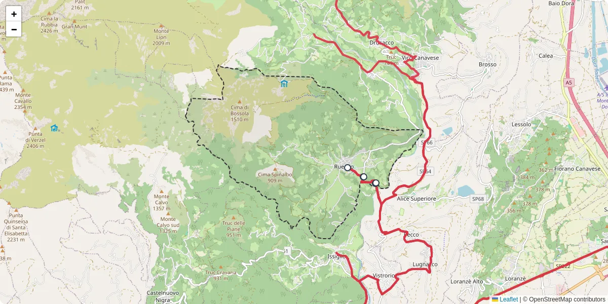 Mappa dettagliata del trasporto pubblico a Rueglio con linee autobus, tram e collegamenti