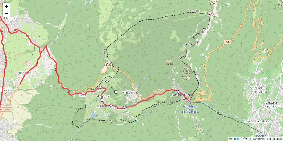 Mappa dettagliata del trasporto pubblico a Ruffré-Mendola con linee autobus, tram e collegamenti