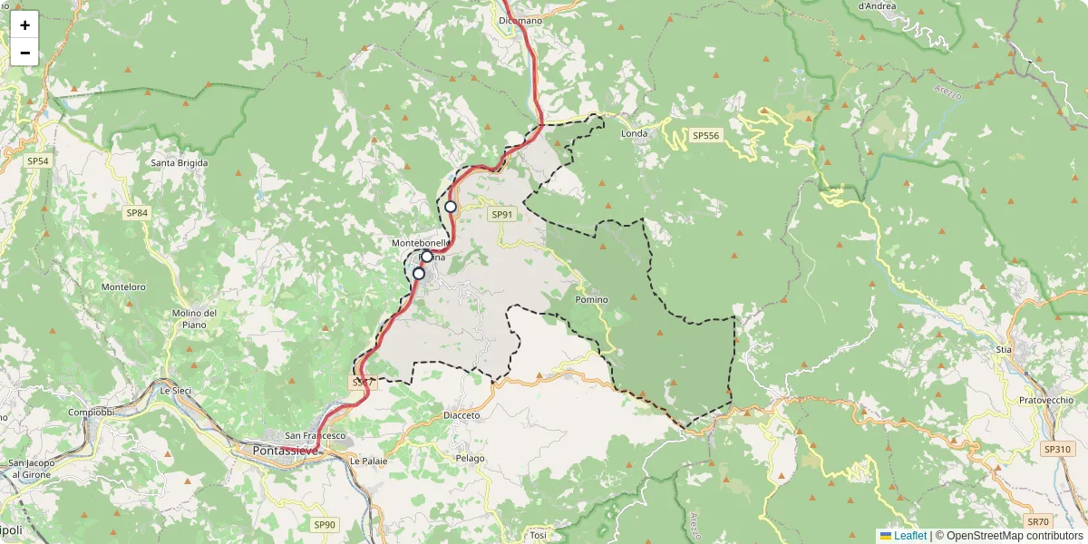 Mappa dettagliata del trasporto pubblico a Rufina con linee autobus, tram e collegamenti