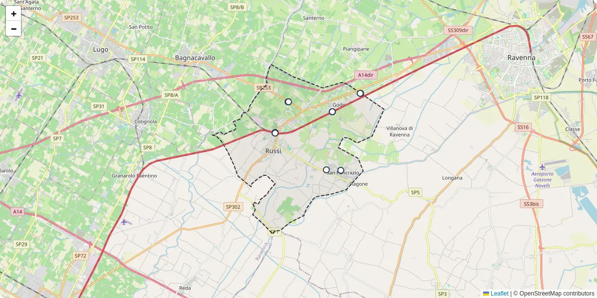 Mappa dettagliata del trasporto pubblico a Russi con linee autobus, tram e collegamenti