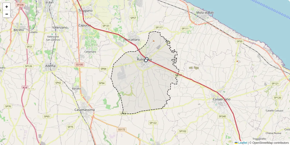 Mappa dettagliata del trasporto pubblico a Rutigliano con linee autobus, tram e collegamenti