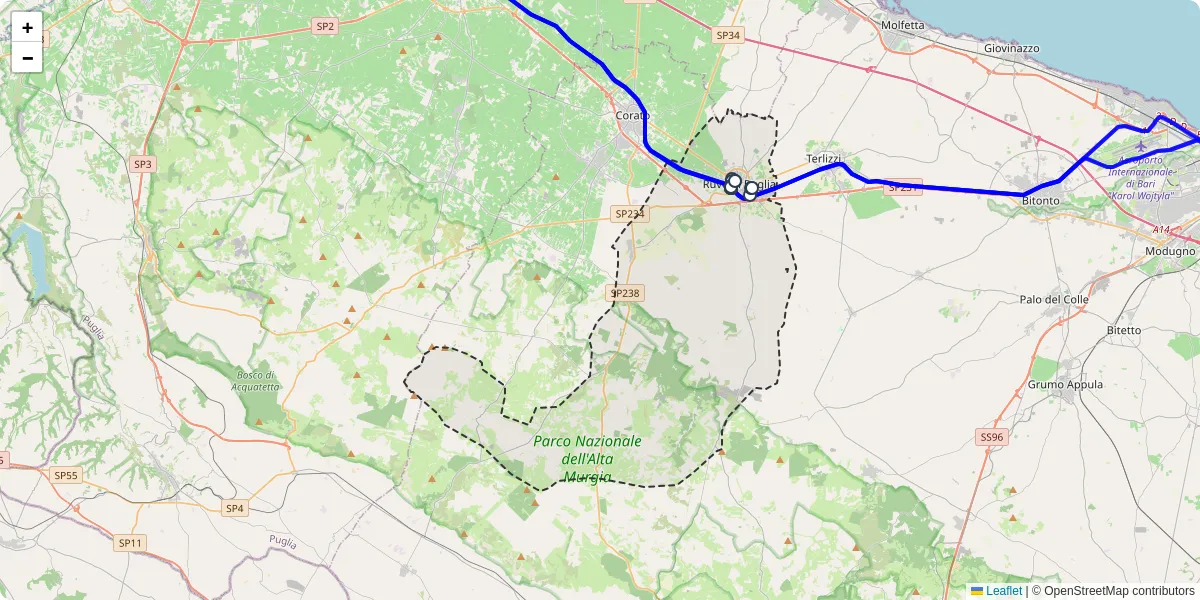 Mappa dettagliata del trasporto pubblico a Ruvo di Puglia con linee autobus, tram e collegamenti