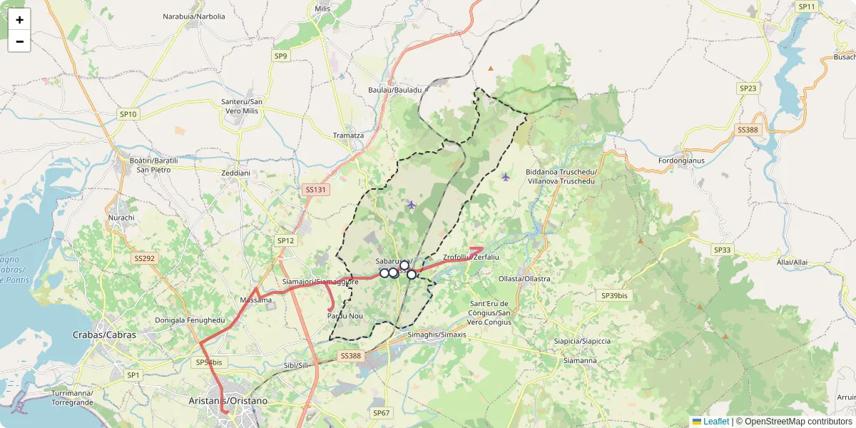 Mappa dettagliata del trasporto pubblico a Sabarussa/Solarussa con linee autobus, tram e collegamenti