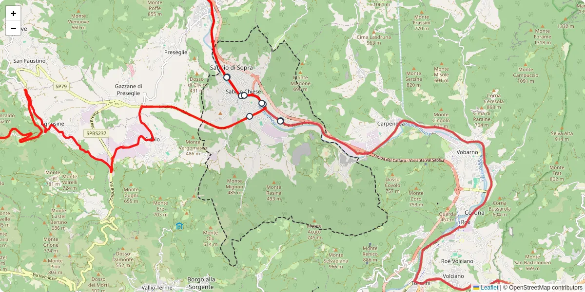 Mappa dettagliata del trasporto pubblico a Sabbio Chiese con linee autobus, tram e collegamenti