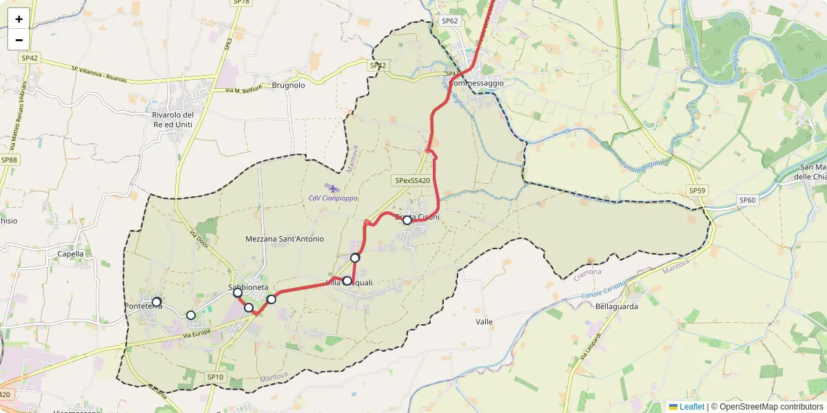 Mappa dettagliata del trasporto pubblico a Sabbioneta con linee autobus, tram e collegamenti