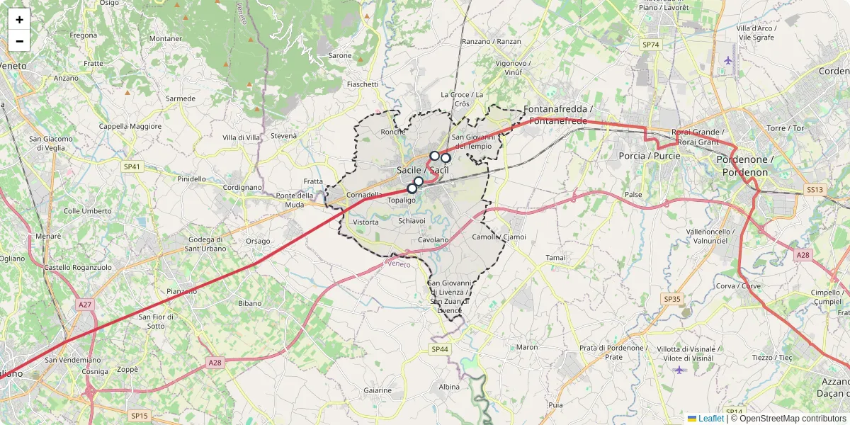 Mappa dettagliata del trasporto pubblico a Sacile con linee autobus, tram e collegamenti