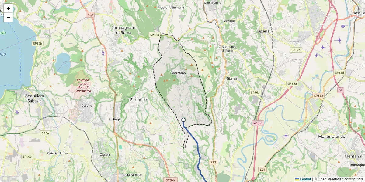 Mappa dettagliata del trasporto pubblico a Sacrofano con linee autobus, tram e collegamenti