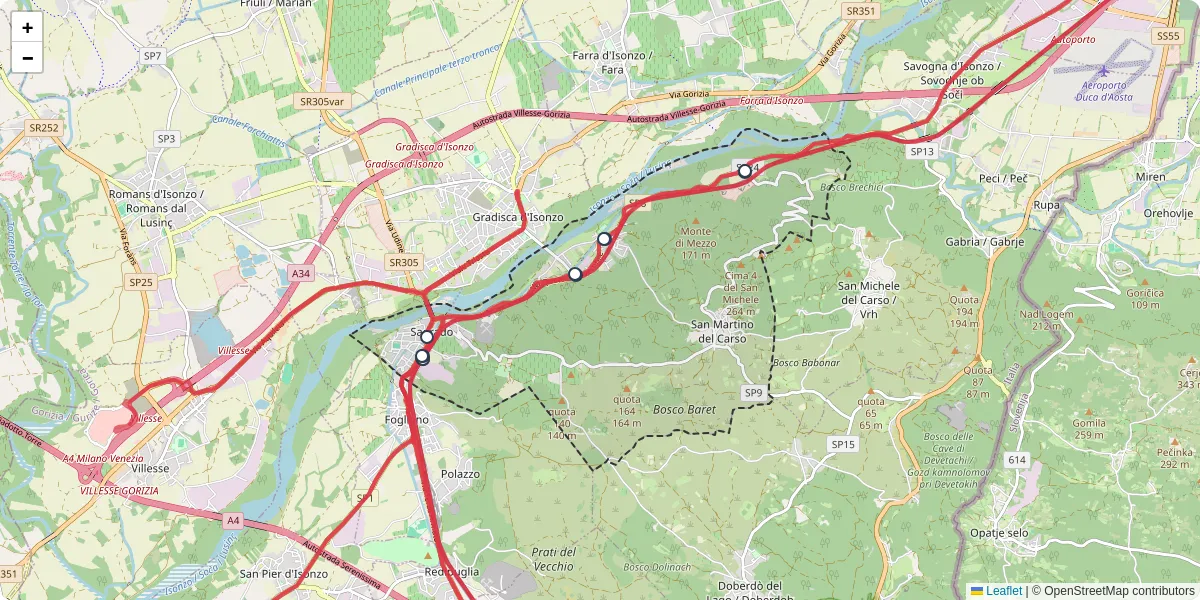 Mappa dettagliata del trasporto pubblico a Sagrado / Sagrât / Zegraj con linee autobus, tram e collegamenti