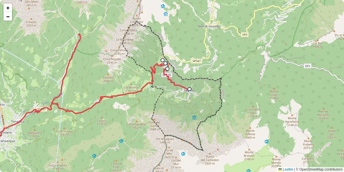 Mappa dettagliata del trasporto pubblico a Sagron Mis con linee autobus, tram e collegamenti
