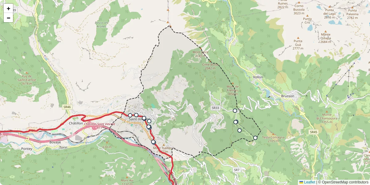 Mappa dettagliata del trasporto pubblico a Saint-Vincent con linee autobus, tram e collegamenti