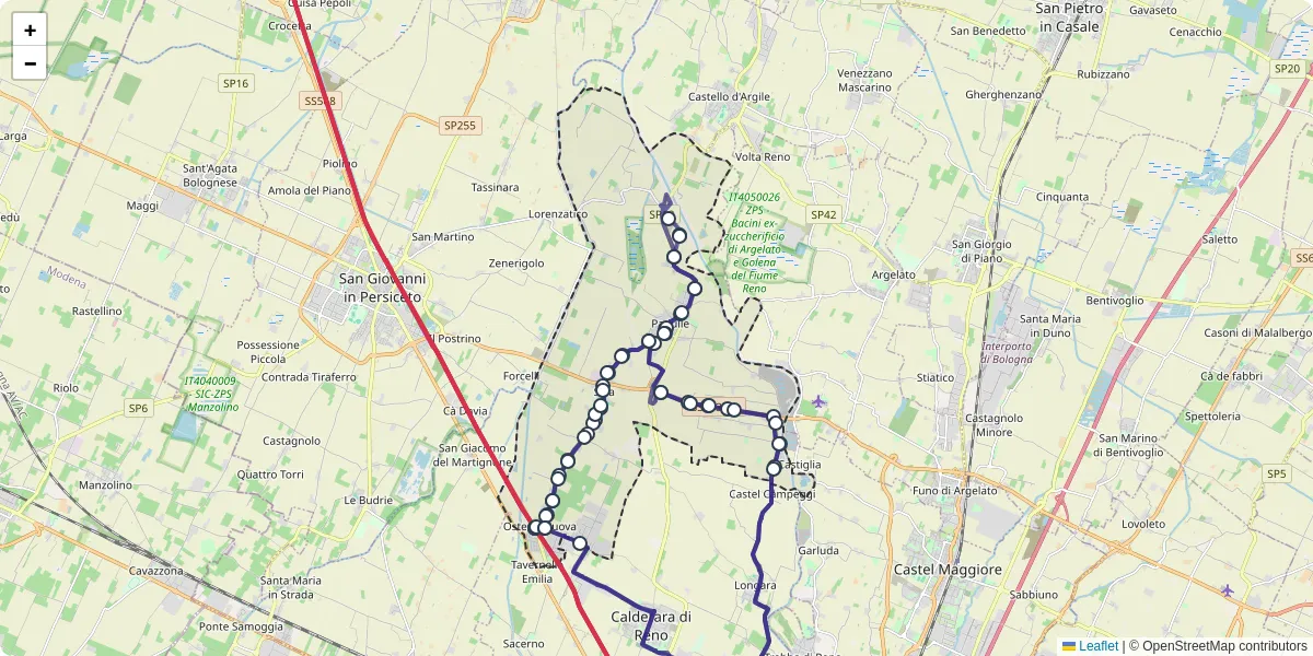 Mappa dettagliata del trasporto pubblico a Sala Bolognese con linee autobus, tram e collegamenti