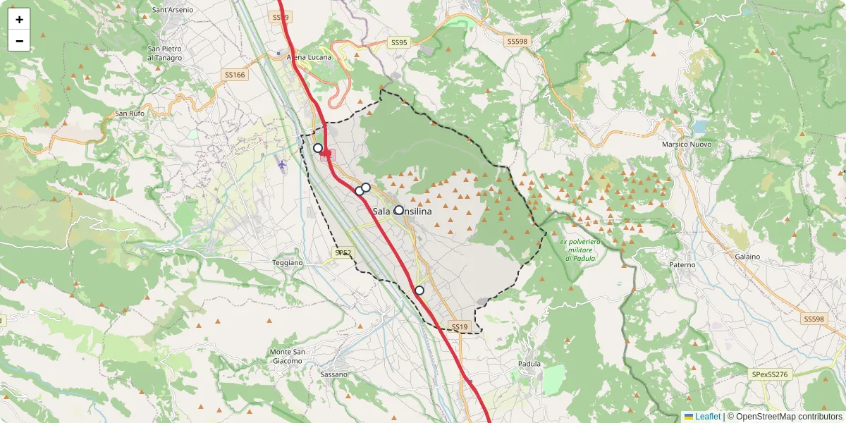 Mappa dettagliata del trasporto pubblico a Sala Consilina con linee autobus, tram e collegamenti