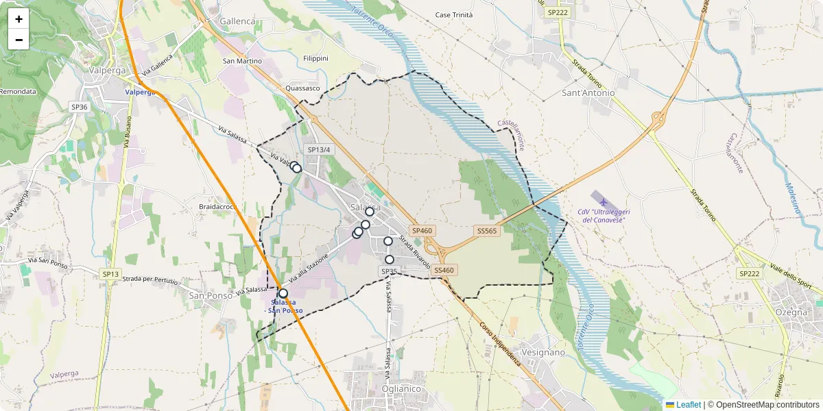Mappa dettagliata del trasporto pubblico a Salassa con linee autobus, tram e collegamenti
