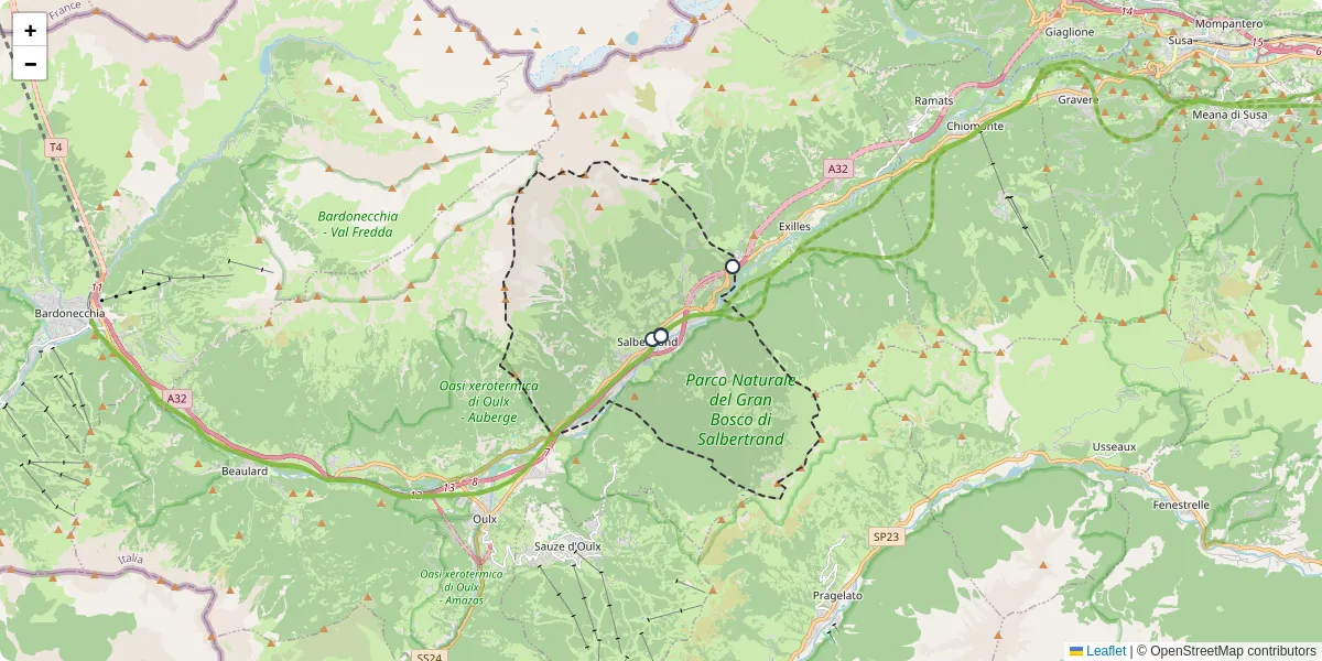 Mappa dettagliata del trasporto pubblico a Salbertrand con linee autobus, tram e collegamenti