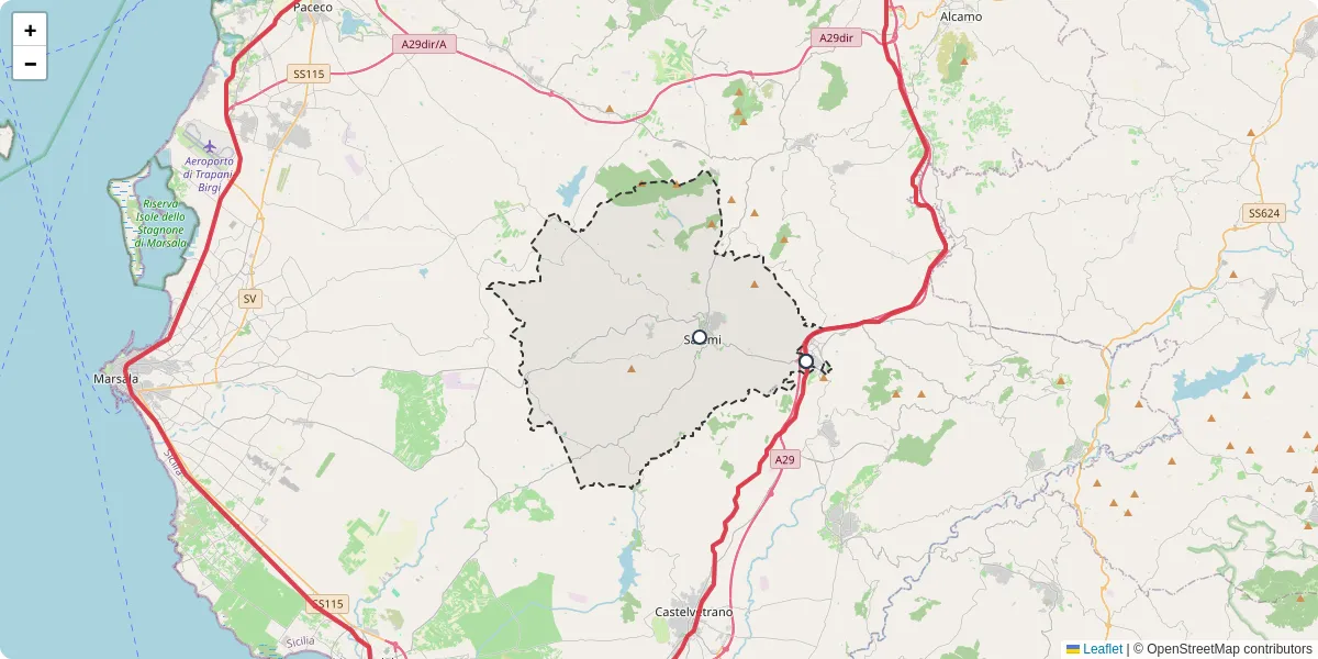 Mappa dettagliata del trasporto pubblico a Salemi con linee autobus, tram e collegamenti